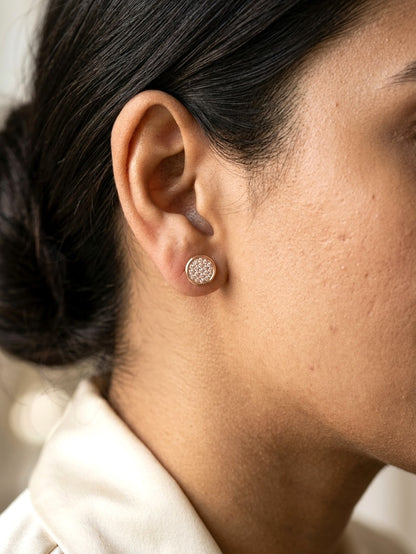 Round diamond cluster stud earrings in 18K rose gold with multiple round diamonds and polished gold border