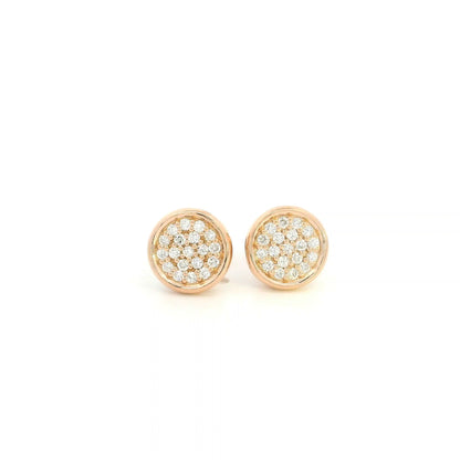 Round diamond cluster stud earrings in 18K rose gold with multiple round diamonds and polished gold border