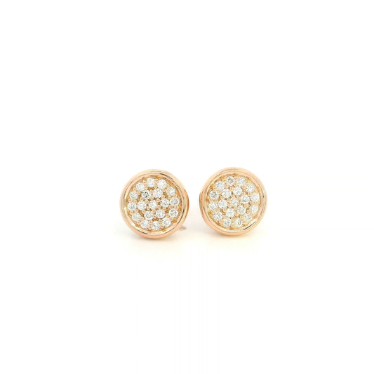 Round diamond cluster stud earrings in 18K rose gold with multiple round diamonds and polished gold border