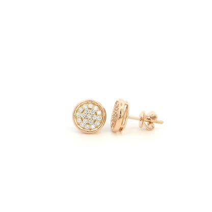Round diamond cluster stud earrings in 18K rose gold with multiple round diamonds and polished gold border