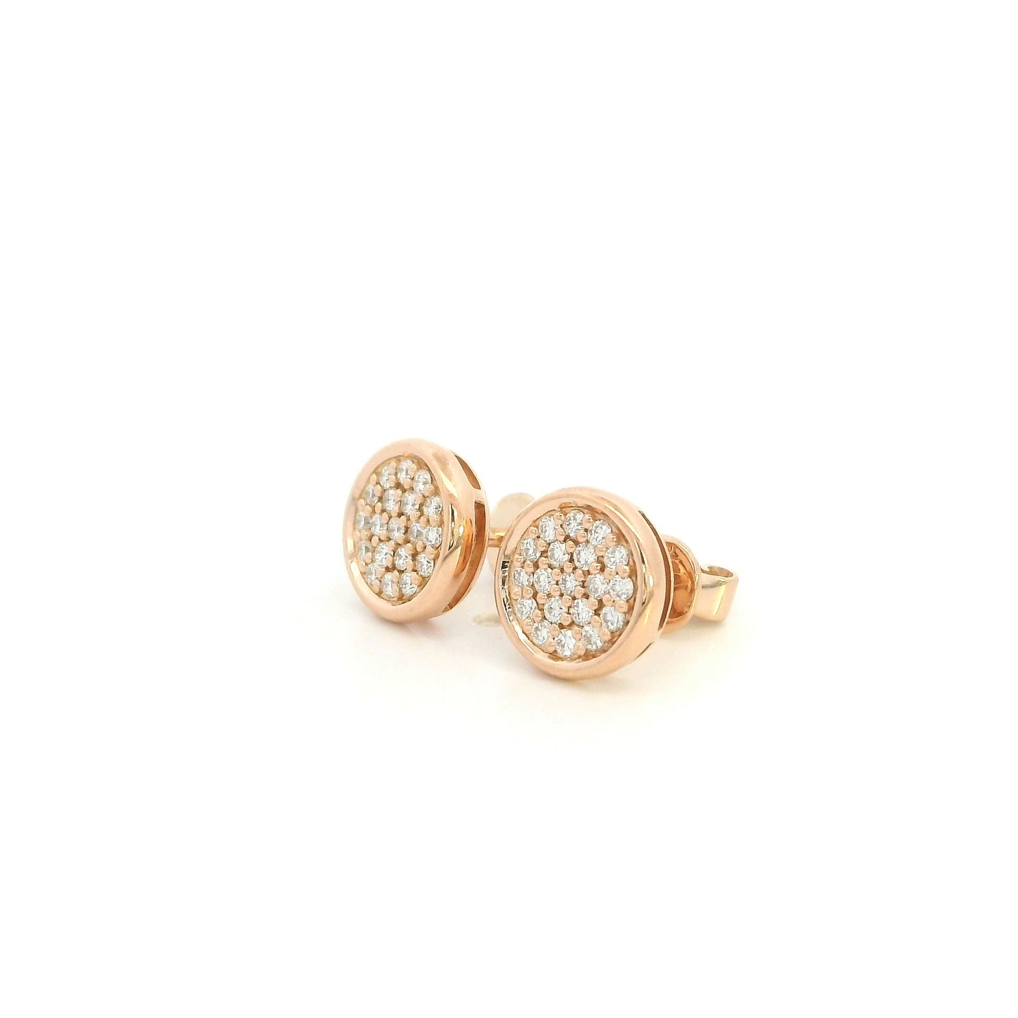 Round diamond cluster stud earrings in 18K rose gold with multiple round diamonds and polished gold border