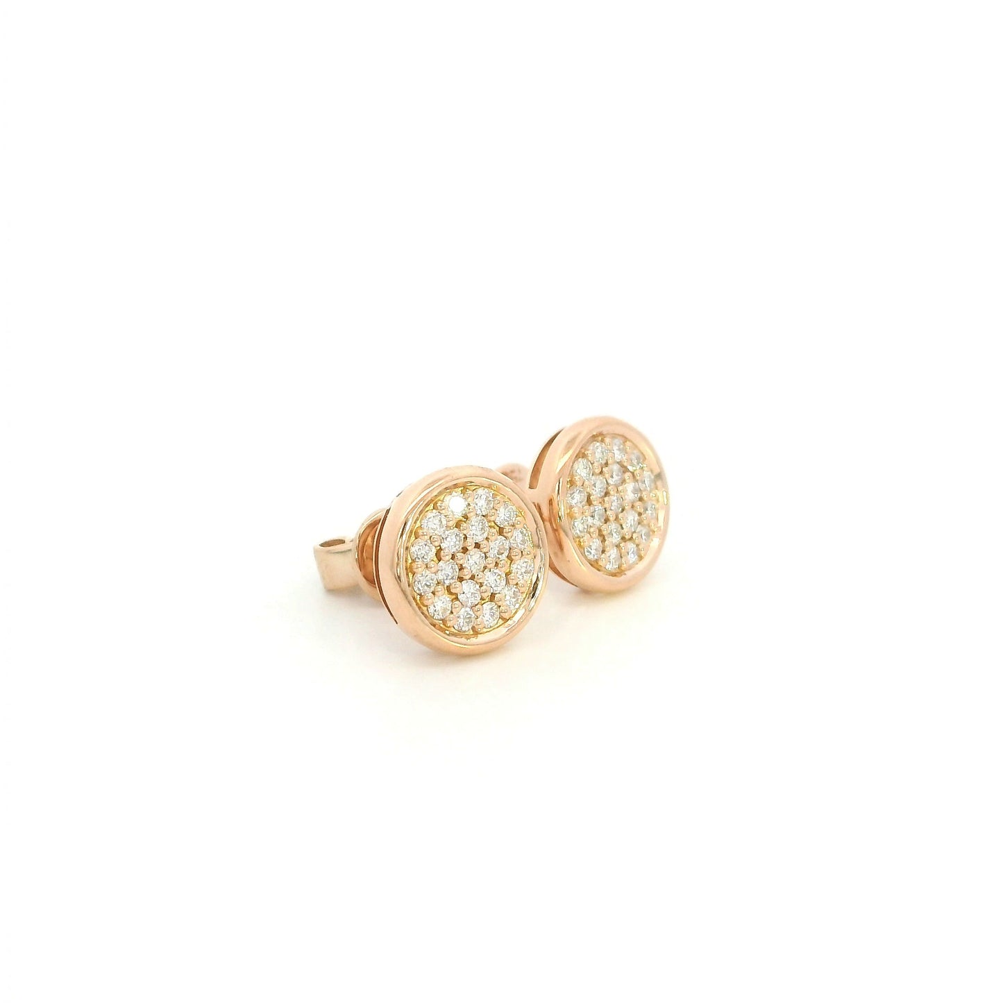 Round diamond cluster stud earrings in 18K rose gold with multiple round diamonds and polished gold border