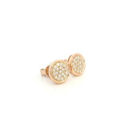 Round diamond cluster stud earrings in 18K rose gold with multiple round diamonds and polished gold border