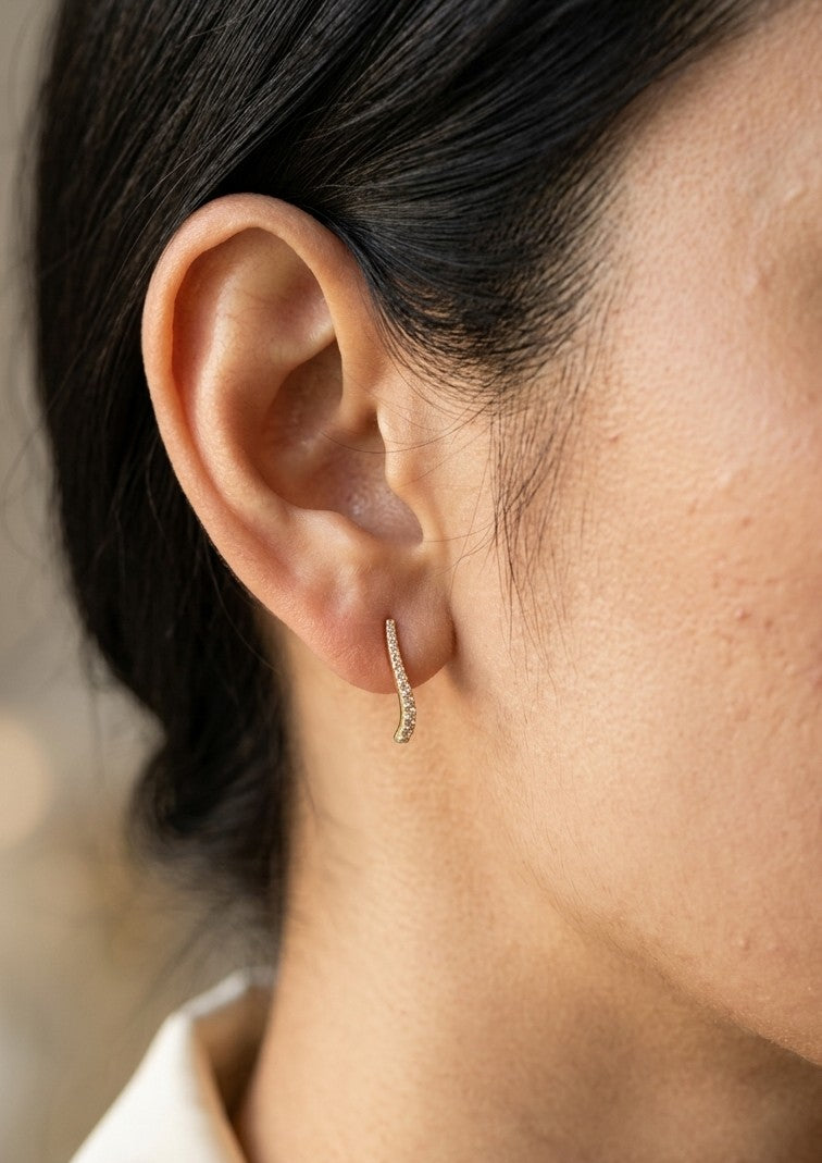 Long diamond bar stud earrings in 18K yellow gold with round brilliant diamonds