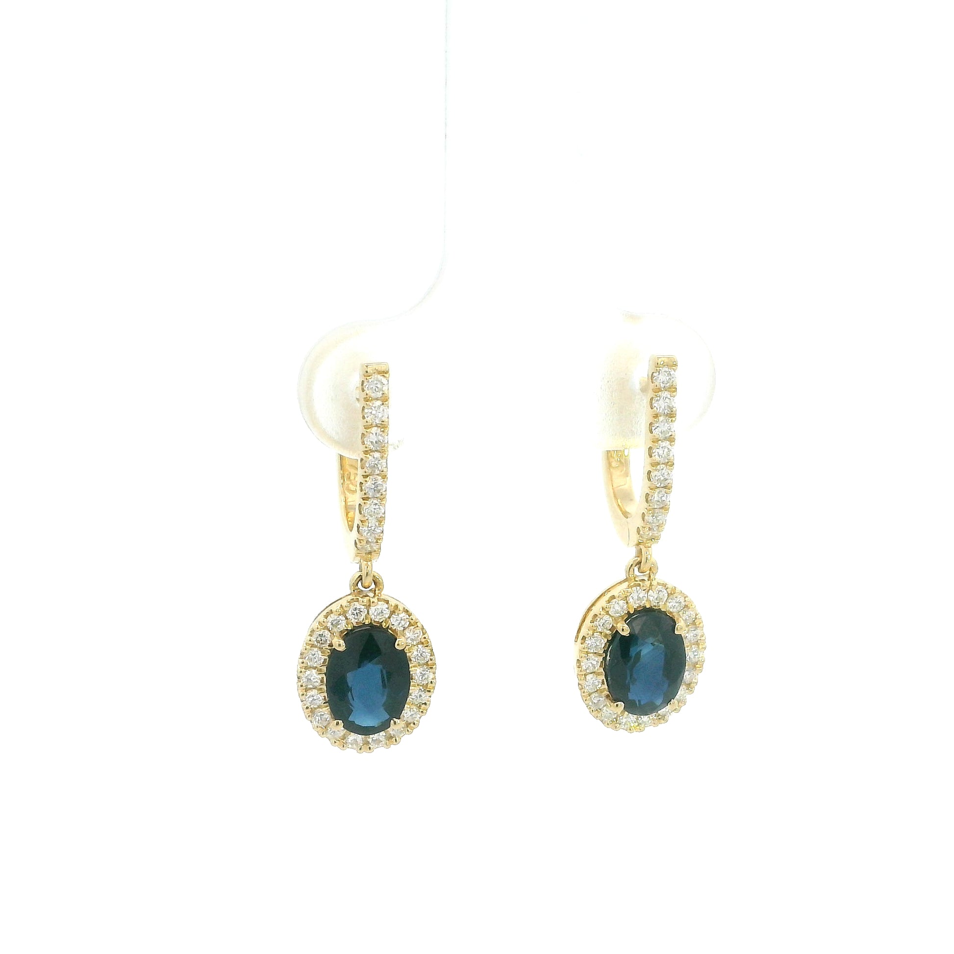 Oval blue sapphire and diamond halo drop earrings in 18K yellow gold with diamond-set hoops