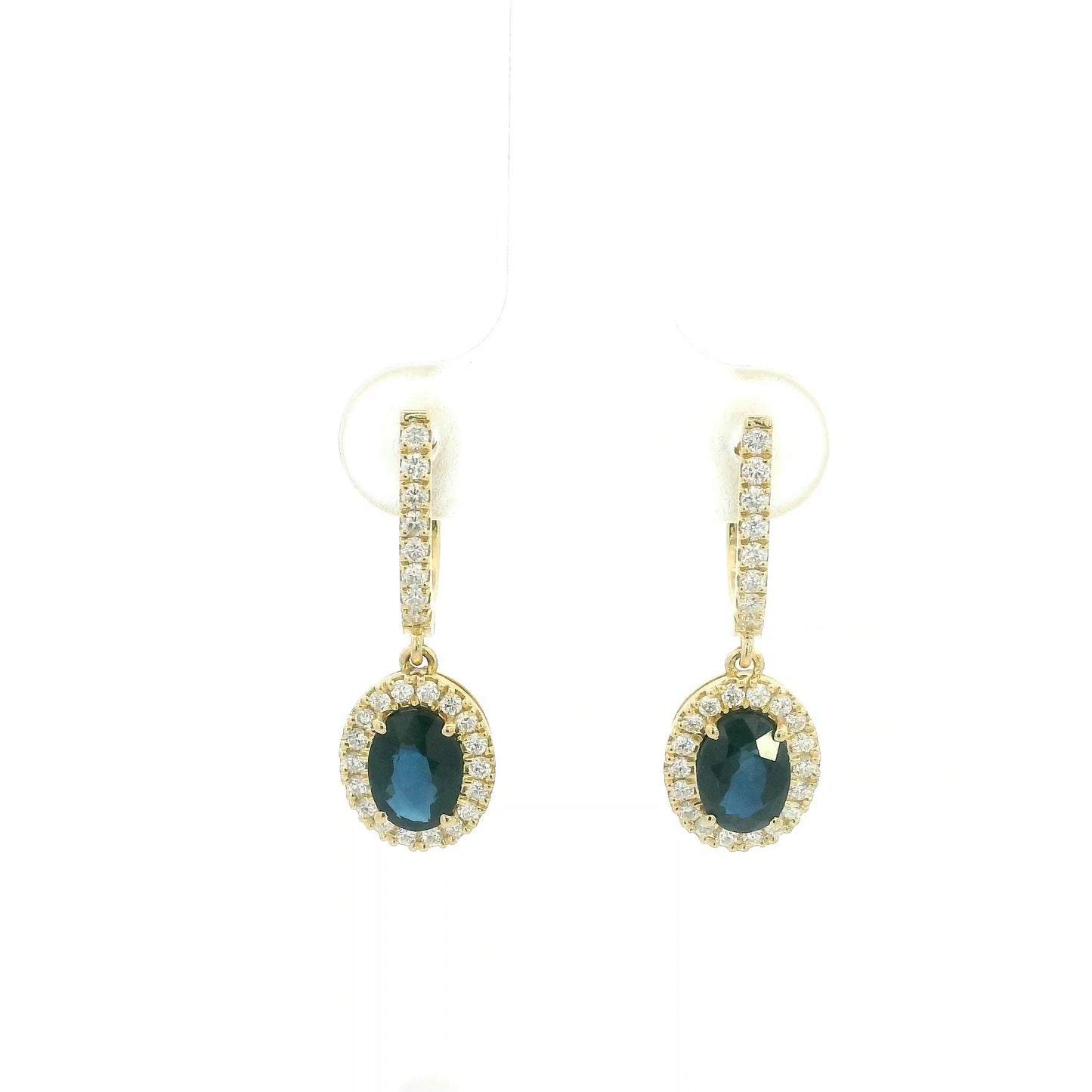 Oval blue sapphire and diamond halo drop earrings in 18K yellow gold with diamond-set hoops