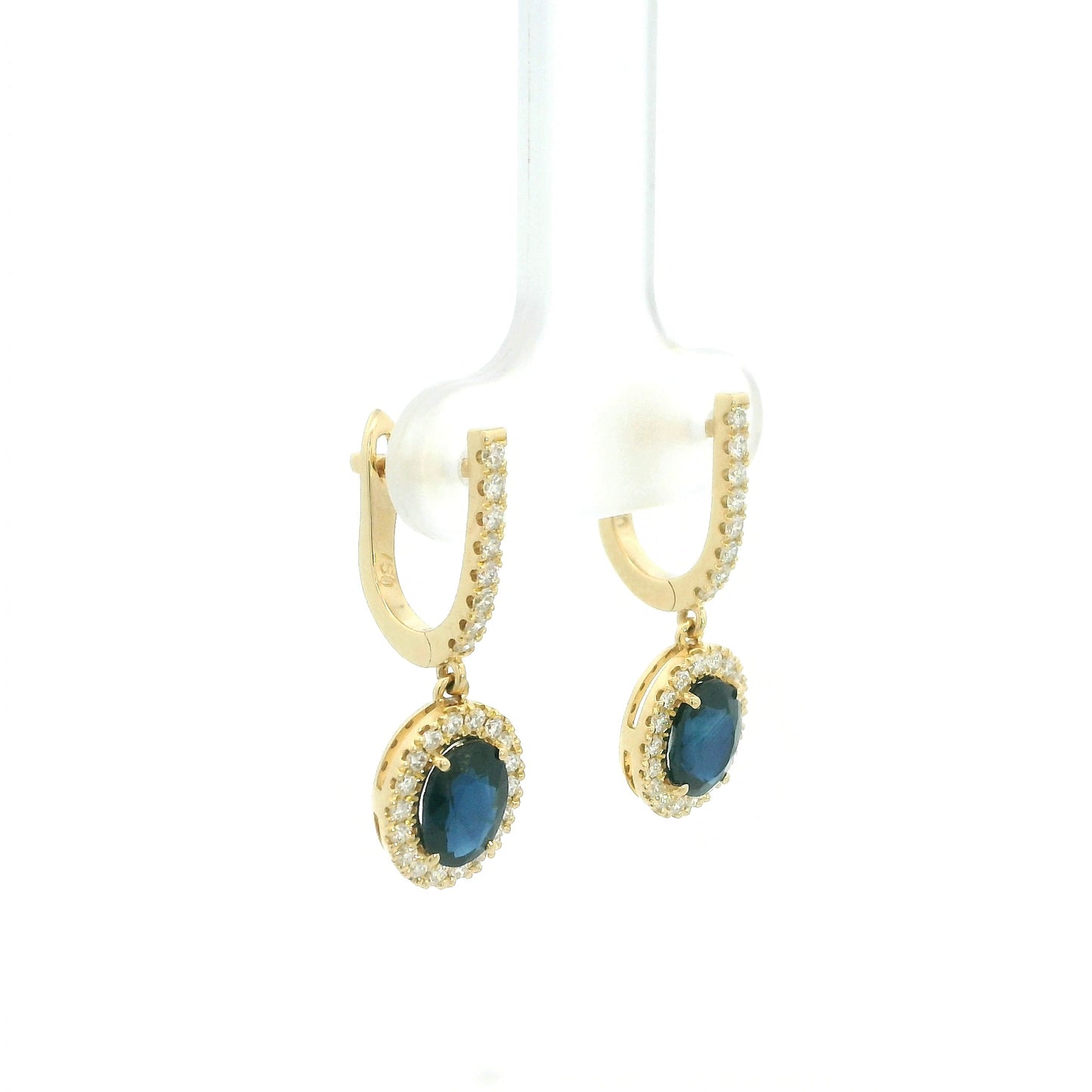 Oval blue sapphire and diamond halo drop earrings in 18K yellow gold with diamond-set hoops
