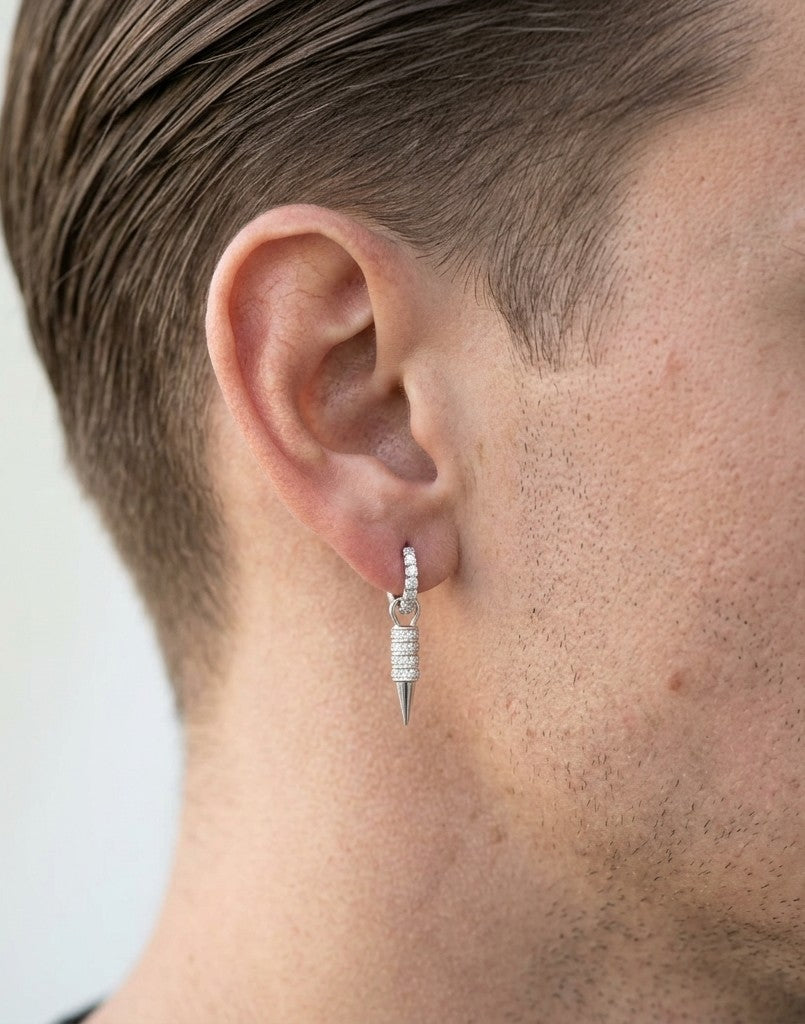 Men's diamond huggie drop earring in 18K white gold with black spike detail