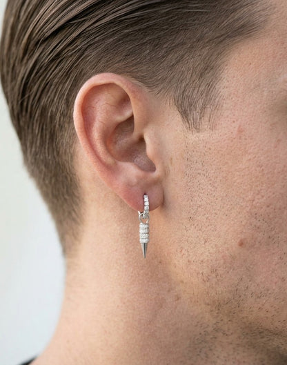 Men's diamond huggie drop earring in 18K white gold with black spike detail
