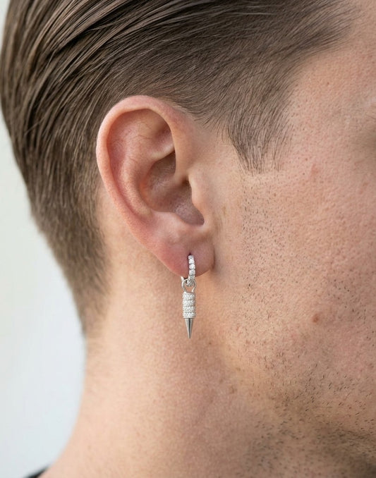 Men's diamond huggie drop earring in 18K white gold with black spike detail