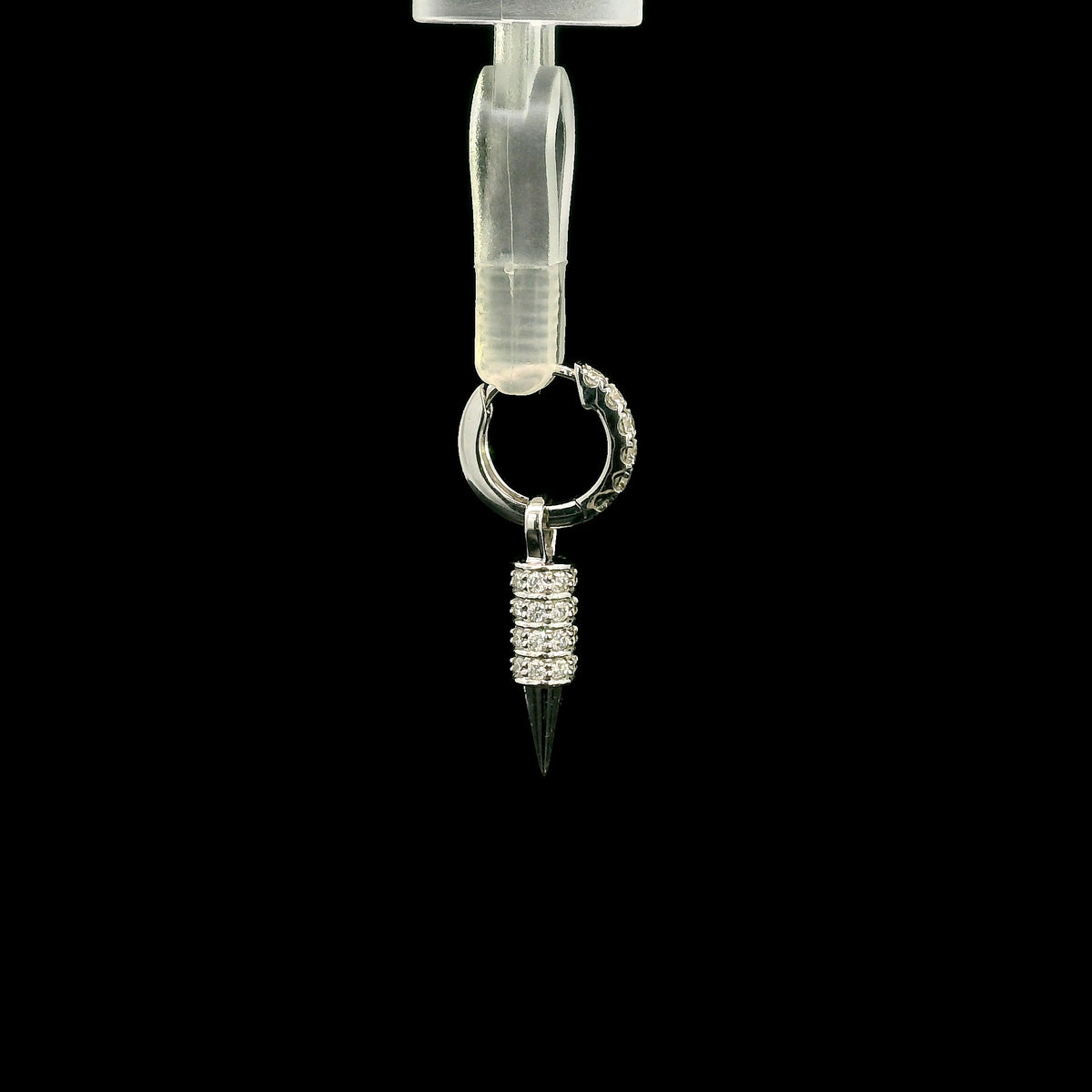 Men's diamond huggie drop earring in 18K white gold with black spike detail