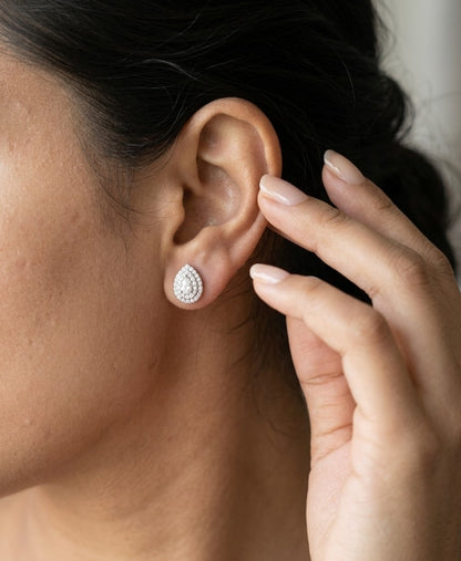 Pear shaped diamond double halo stud earrings in 18K white gold