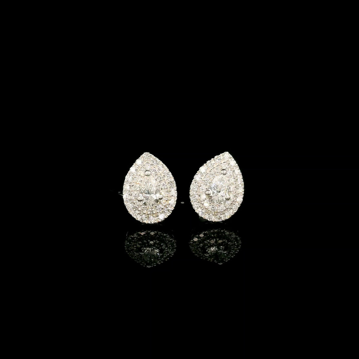 Pear shaped diamond double halo stud earrings in 18K white gold