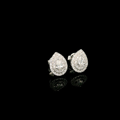 Pear shaped diamond double halo stud earrings in 18K white gold