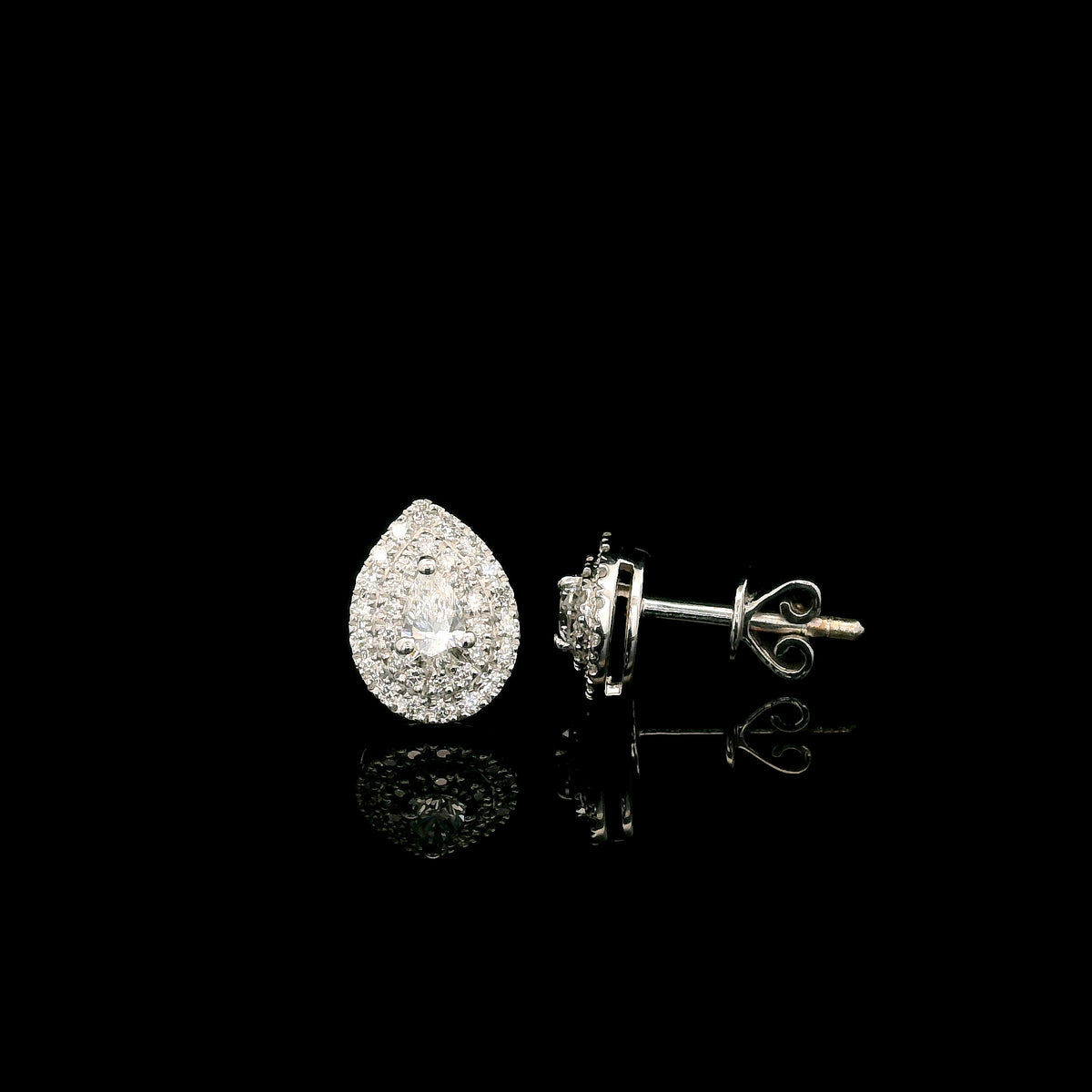 Pear shaped diamond double halo stud earrings in 18K white gold