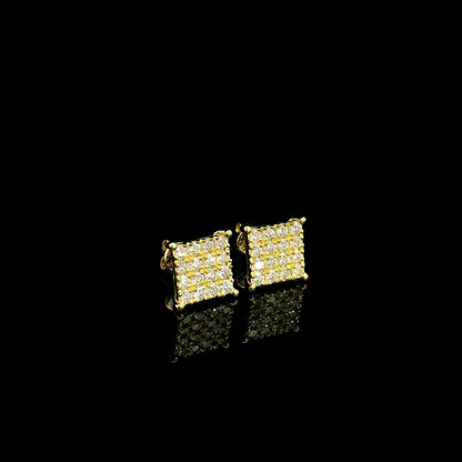 Rectangular diamond cluster stud earrings in 18K yellow gold featuring multiple round brilliant diamonds by Emirates Diamonds.