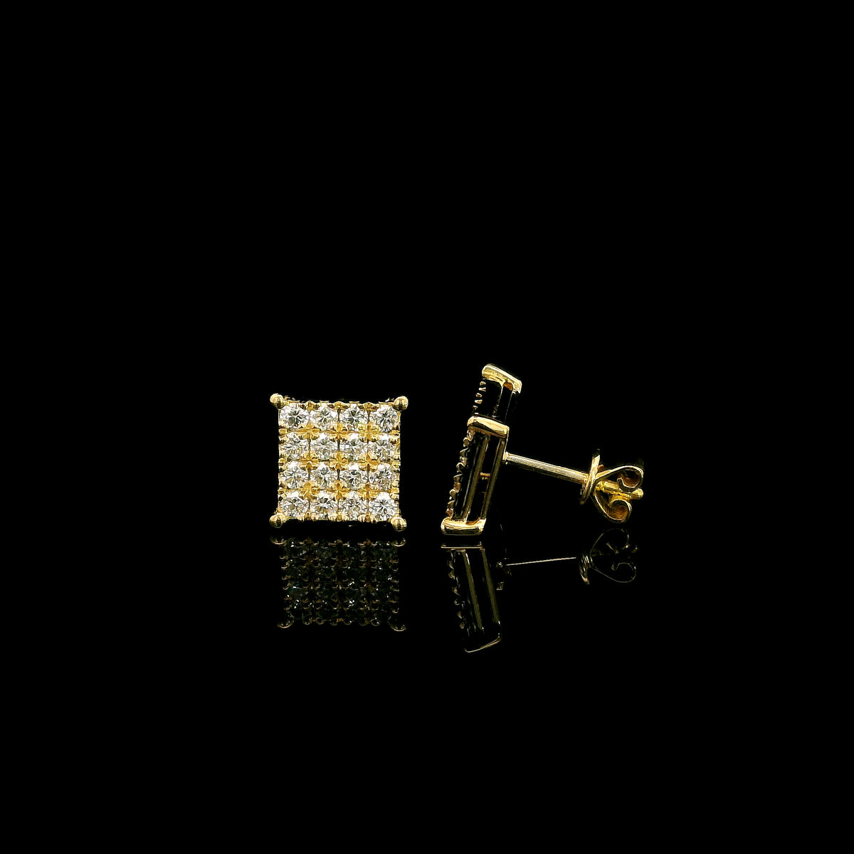 Rectangular diamond cluster stud earrings in 18K yellow gold featuring multiple round brilliant diamonds by Emirates Diamonds.