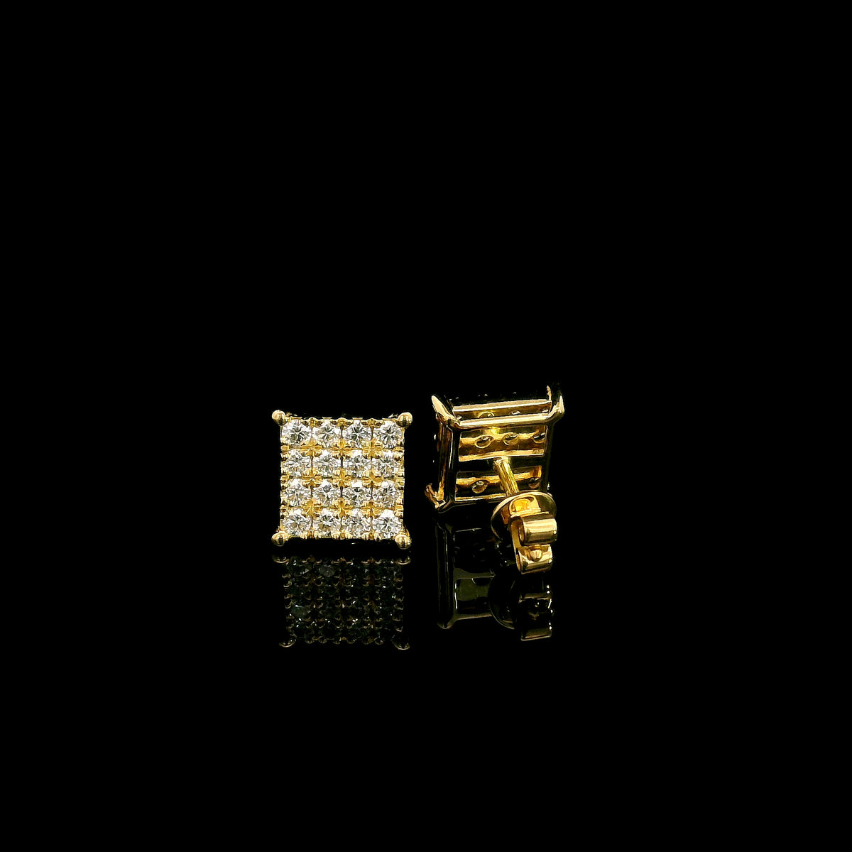Rectangular diamond cluster stud earrings in 18K yellow gold featuring multiple round brilliant diamonds by Emirates Diamonds.