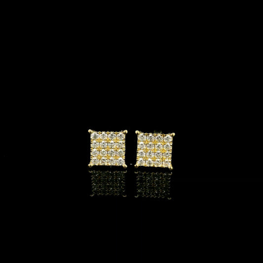 Rectangular diamond cluster stud earrings in 18K yellow gold featuring multiple round brilliant diamonds by Emirates Diamonds.