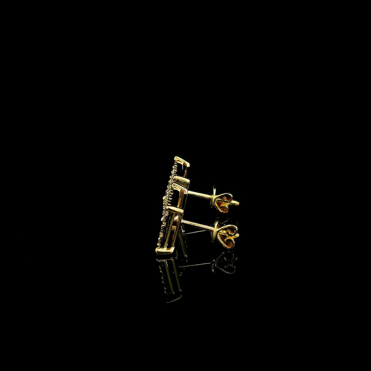 Rectangular diamond cluster stud earrings in 18K yellow gold featuring multiple round brilliant diamonds by Emirates Diamonds.