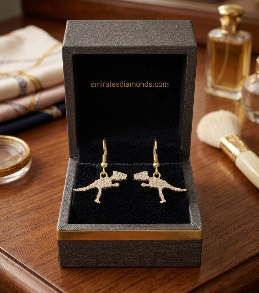Diamond Dinosaur Dangle Earrings in 18K Yellow Gold
