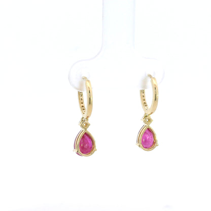 Ruby and Diamond Drop Hoop Earrings in 18K Yellow Gold