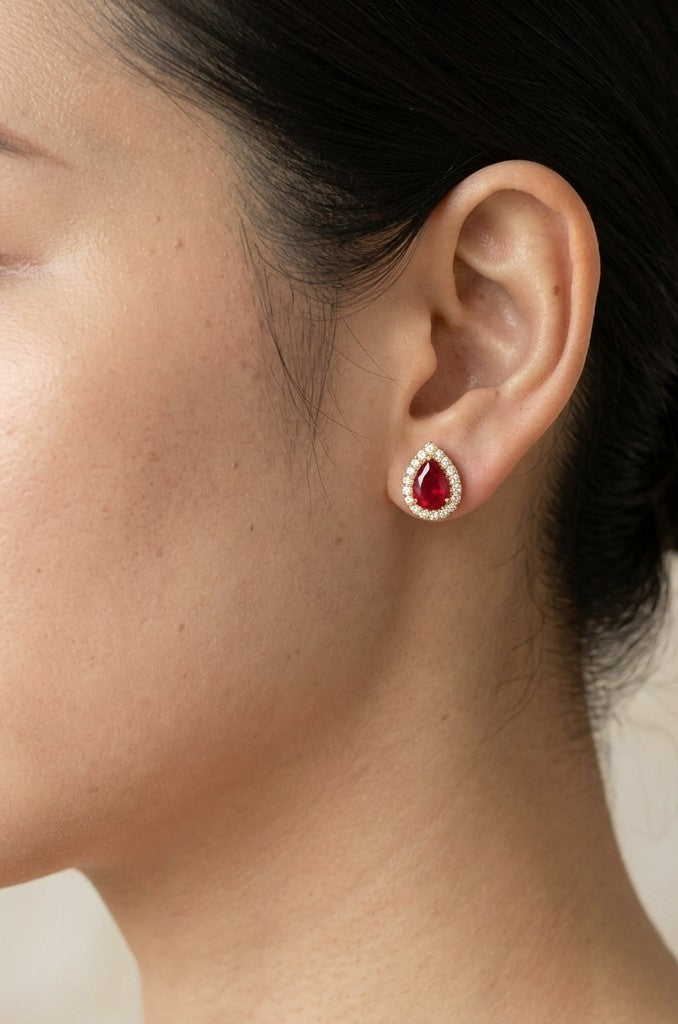 Ruby and Diamond Halo Earrings in 18K Yellow Gold