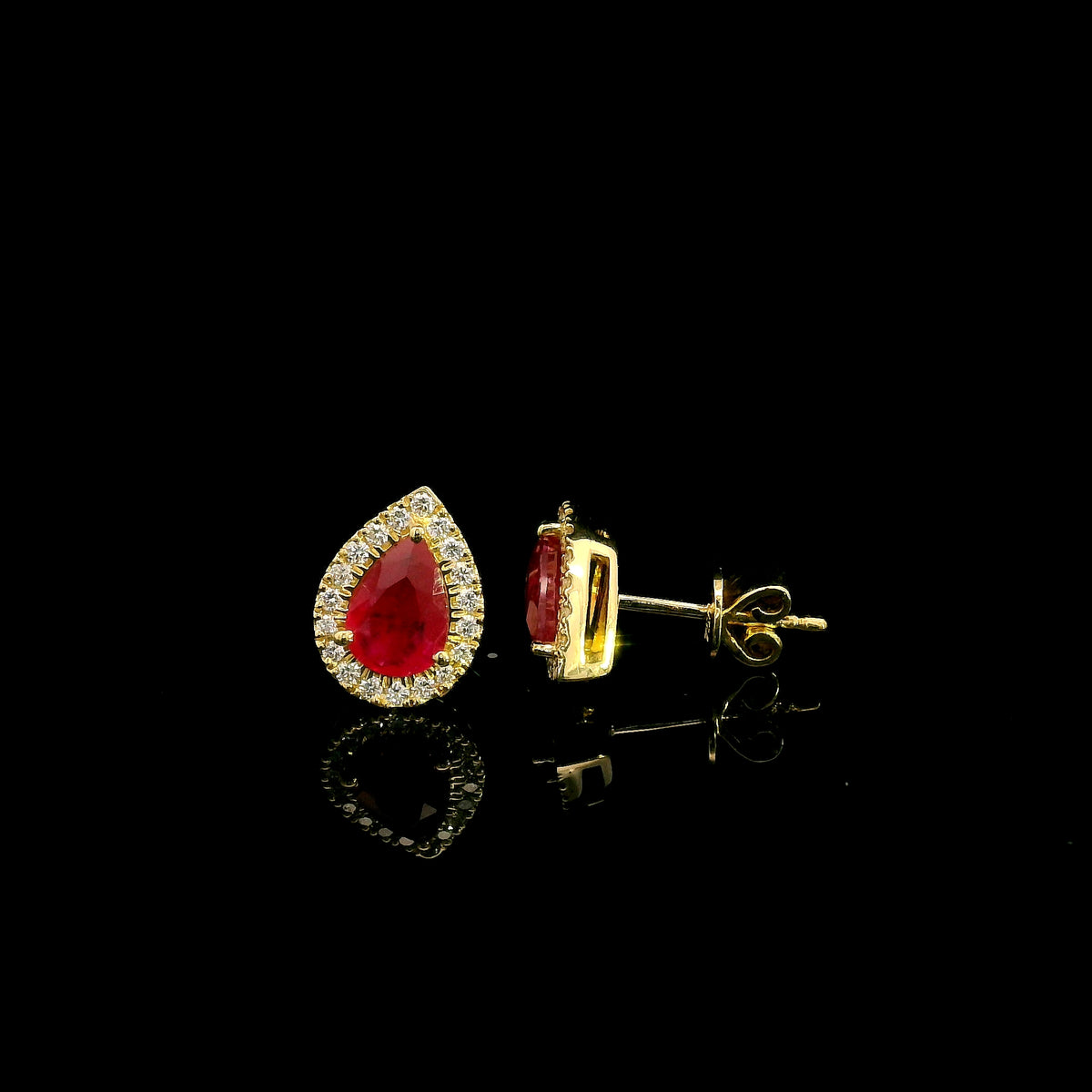 Ruby and Diamond Halo Earrings in 18K Yellow Gold