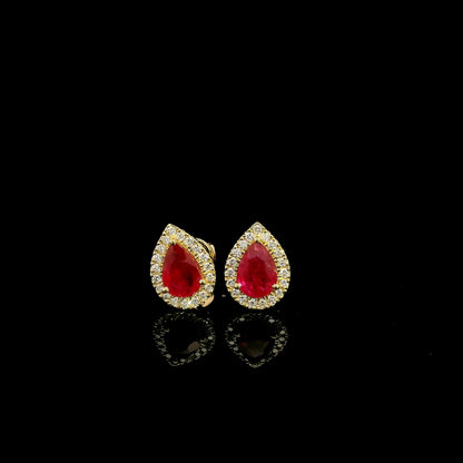 Ruby and Diamond Halo Earrings in 18K Yellow Gold