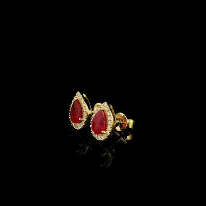 Ruby and Diamond Halo Earrings in 18K Yellow Gold