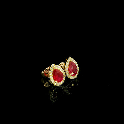 Ruby and Diamond Halo Earrings in 18K Yellow Gold