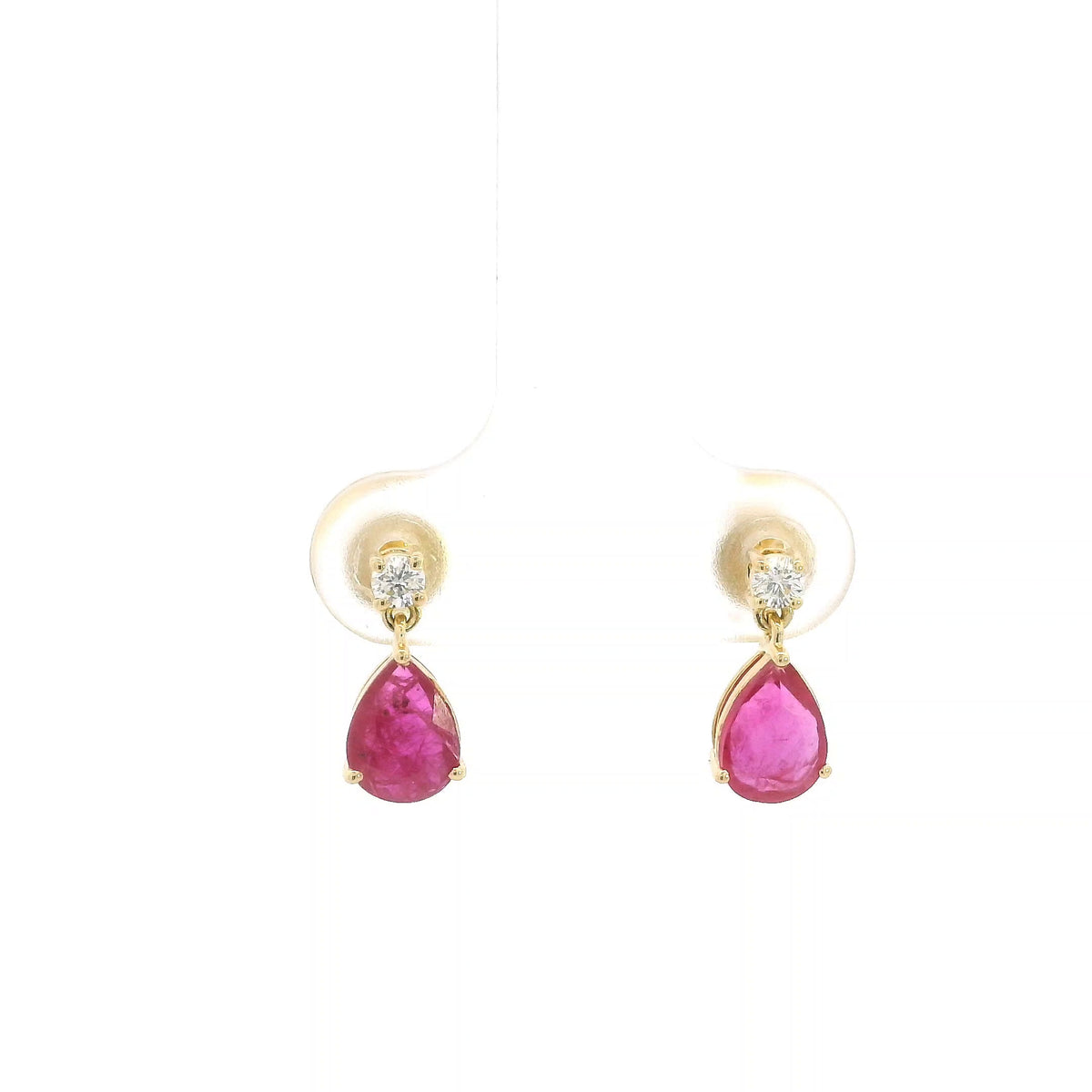 Pear shaped ruby and diamond drop earrings in 18K yellow gold with round diamond accents