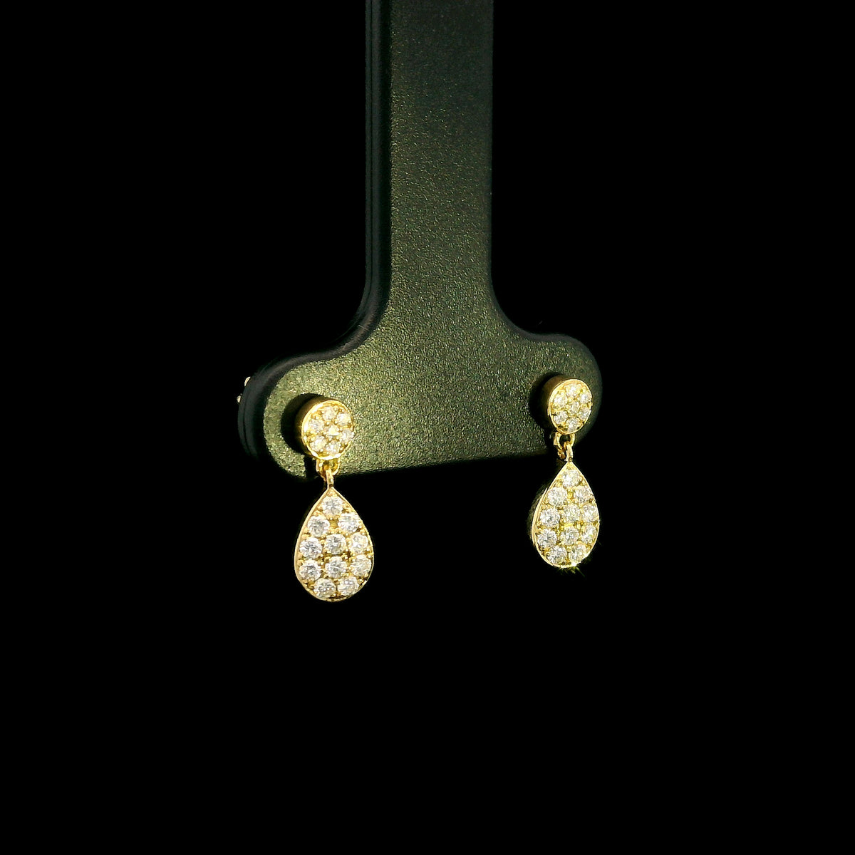 Diamond drop earrings with pear shaped teardrop design in 18K yellow gold