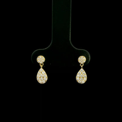 Diamond drop earrings with pear shaped teardrop design in 18K yellow gold