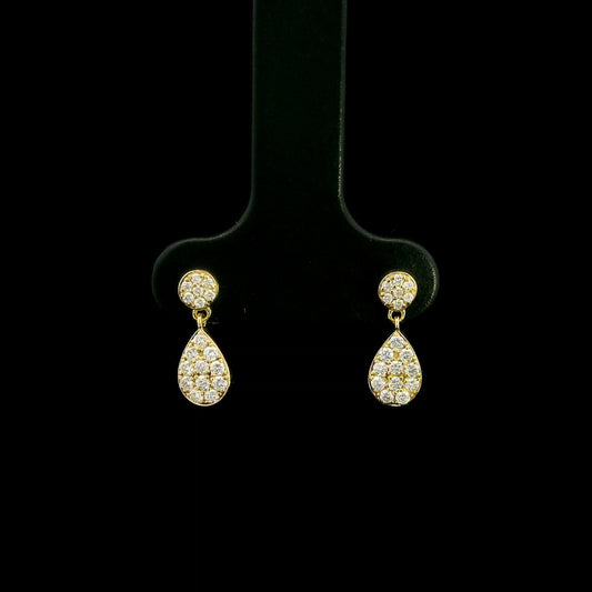 Diamond drop earrings with pear shaped teardrop design in 18K yellow gold