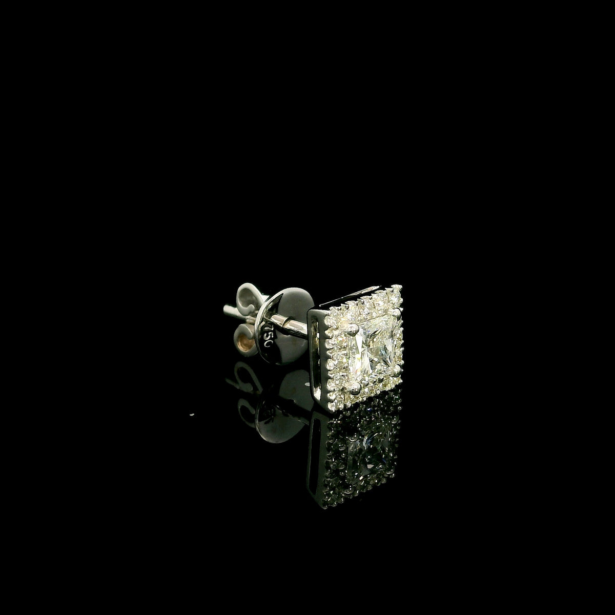 Men’s princess cut diamond halo stud earring in 18K white gold