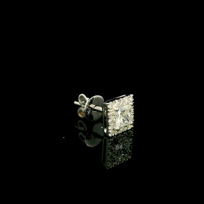 Men’s princess cut diamond halo stud earring in 18K white gold