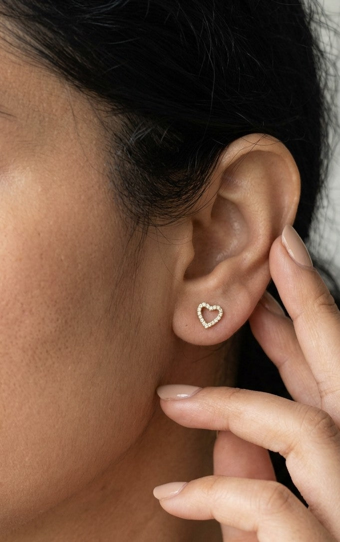 Open heart shaped natural diamond stud earrings in 18K rose gold, featuring round diamonds totalling 0.16 carat and butterfly push-back closures.