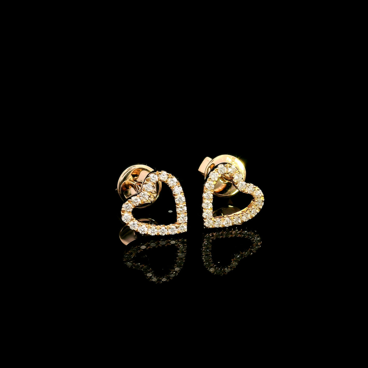 Open heart shaped natural diamond stud earrings in 18K rose gold, featuring round diamonds totalling 0.16 carat and butterfly push-back closures.