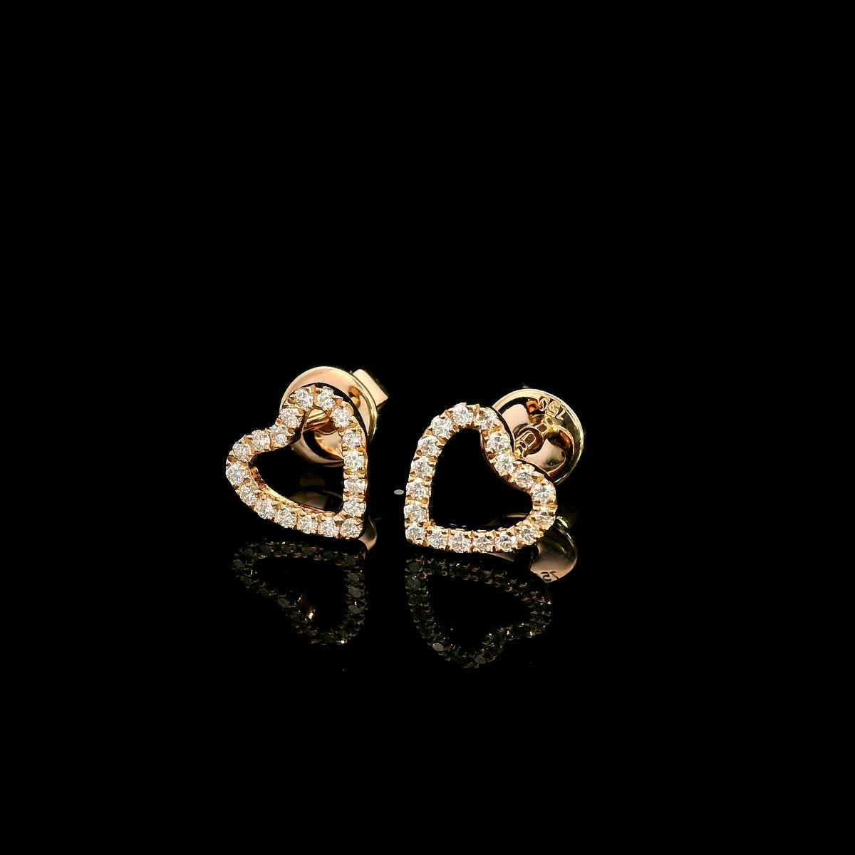 Open heart shaped natural diamond stud earrings in 18K rose gold, featuring round diamonds totalling 0.16 carat and butterfly push-back closures.