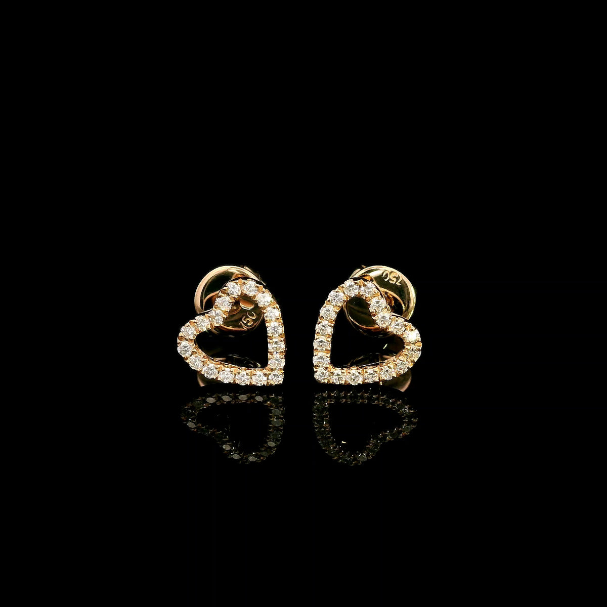 Open heart shaped natural diamond stud earrings in 18K rose gold, featuring round diamonds totalling 0.16 carat and butterfly push-back closures.