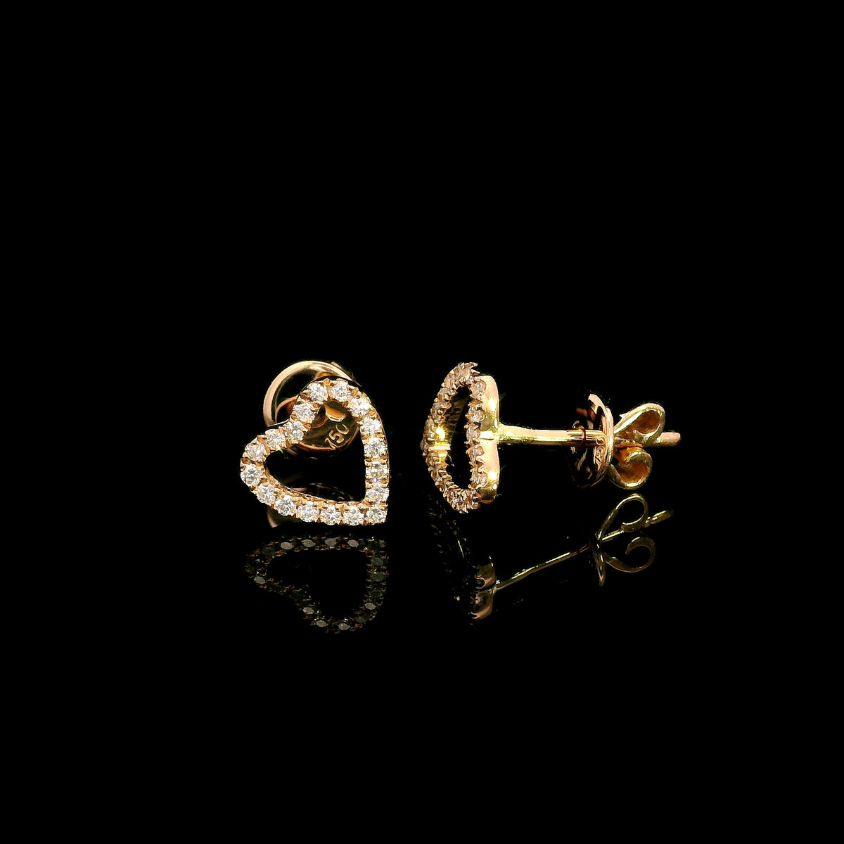 Open heart shaped natural diamond stud earrings in 18K rose gold, featuring round diamonds totalling 0.16 carat and butterfly push-back closures.