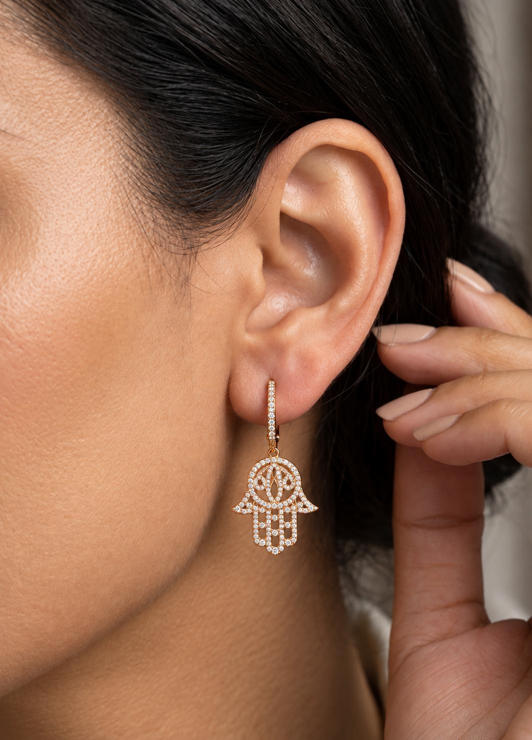 Diamond Hamsa hand drop earrings in 18K rose gold with diamond set hoops