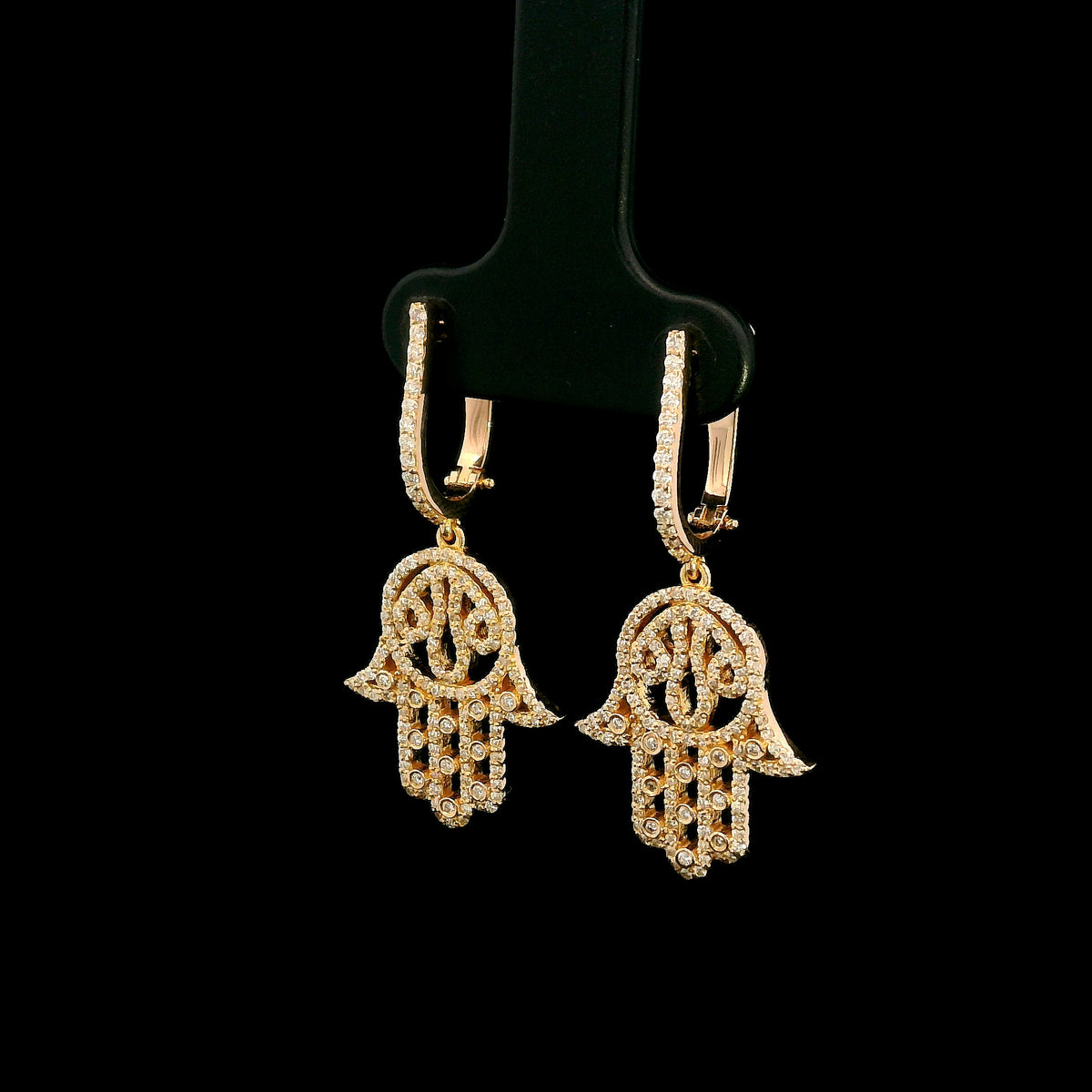 Diamond Hamsa hand drop earrings in 18K rose gold with diamond set hoops