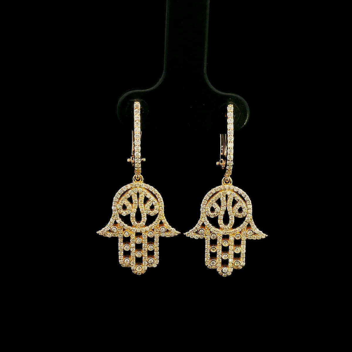 Diamond Hamsa hand drop earrings in 18K rose gold with diamond set hoops