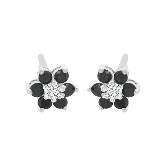 Flower Design Black Diamond Stud Earrings In 18k White Gold.