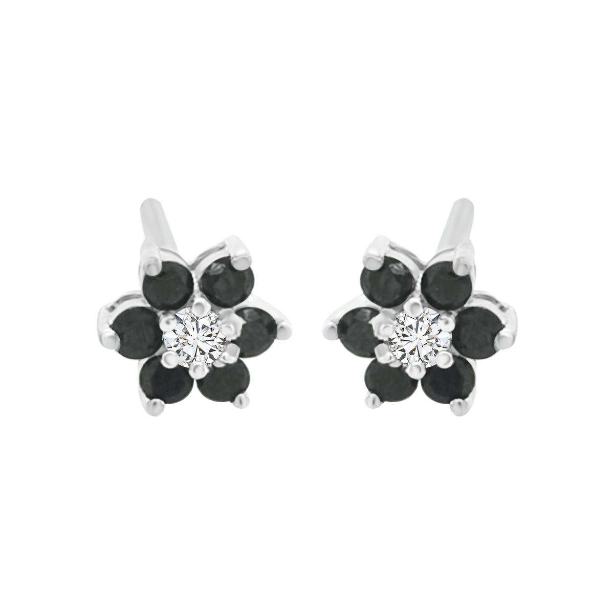 Flower Design Black Diamond Stud Earrings In 18k White Gold.