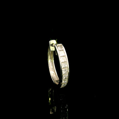 Men’s single diamond hoop earring in 18K white gold with princess cut diamonds