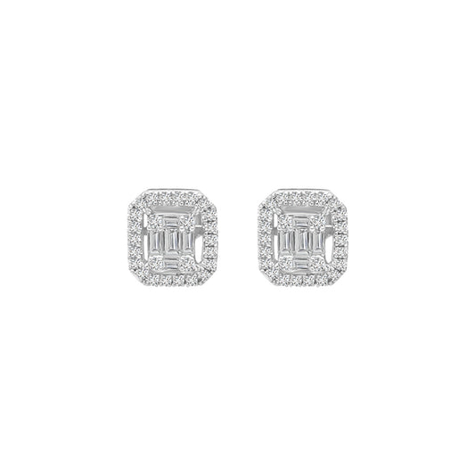 Cluster And Emerald Cut Diamond Stud Earring Crafted In 18K White Gold