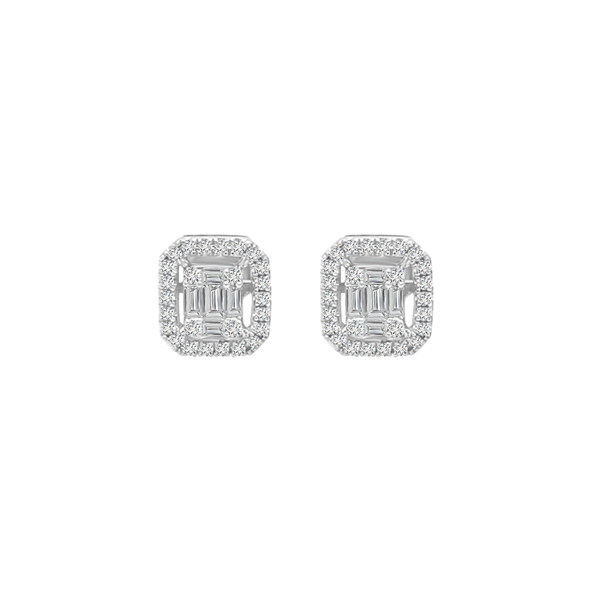 Cluster And Emerald Cut Diamond Stud Earring Crafted In 18K White Gold